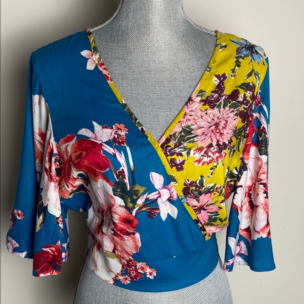 Band Of Gypsies Fairy grunge Floral Wrap Top - Blue and Yellow